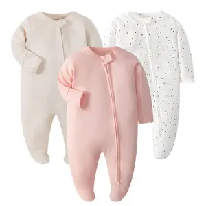 Newborn Unisex Baby Footie Pajama with Mitten Cuffs, Double Zipper Infant Cotton clothes Sleeper Pjs, Footed Sleep Play,3pcs Unisex Newborn Baby Clothes Boy Baby 2-Way Zipper Pjs Cotton Newborn Long Sleeve Footed Onesie Set Baby Jumpsuit