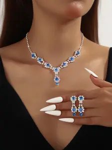 Luxurious Blue Sunflower Necklace Earrings Set, Matching Jewelry Set, Synthetic Zirconia Garden Design, Bridal Party Jewelry, Elegant Wedding Accessories