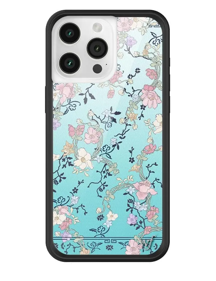 Gallery Girlies Blue | Limited Edition Trendy iPhone Case | Raised Protective Black Bumper | Women Owned Small Business | Vibrant Blue Background Green Vines Light White and Pink and Purple Flowers | Safety Casing Protective | Gift for Her