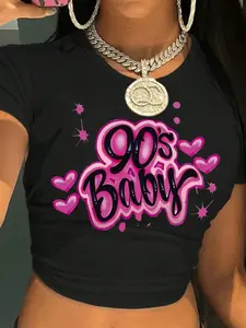 Women's 90s Vintage Letter Print Round Neck Graphic Tee, Casual Short Sleeve Crew Neck T-shirt for Daily Wear, Ladies Summer Clothes