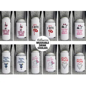 Halloween Seltzer Beer Can Coolie Necklace Lanyard, Trick or Treat Halloween Party Accessory, Funny Halloween Puns, 21+ Gifts, Ghosts, Vampire Teeth