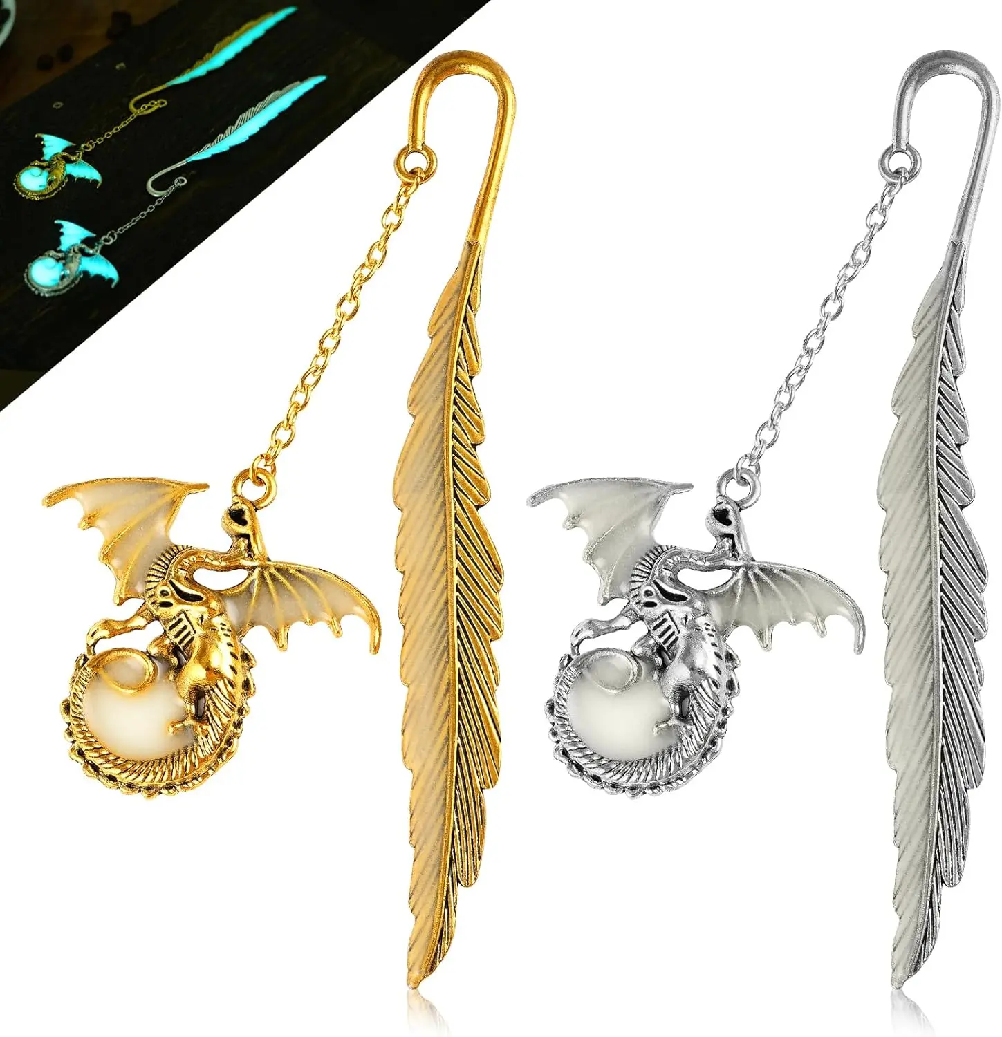 2 count  Dragon Bookmarks, Metal Bookmark Glow in The Dark Dragon Bookmark, Cool Bookmarks for Book Lovers, Reading Gifts for Men Women ( & Sliver)