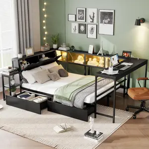 Full Size Corner Bed with Bookcase, Modern Daybed with LED Light and Charging Station, L-Shaped Bed Frame with Storage Drawers and Desk, No Box Spring Needed (Black)