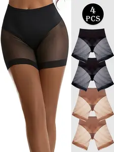 Women's High Waist Seamless Mesh Shaping Shorts, Firm Tummy Control, Medium Pressure Pure Color Comfortable Daily Wear & Fitness Underwear, 4 Pack