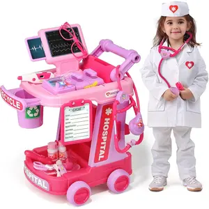 Doctor Kit for Toddlers Ages 2 3 4 5 Pink Pretend Play Medical Set with Cart Stethoscope Costume Role Play Toys Birthday Gift for Girls Boys