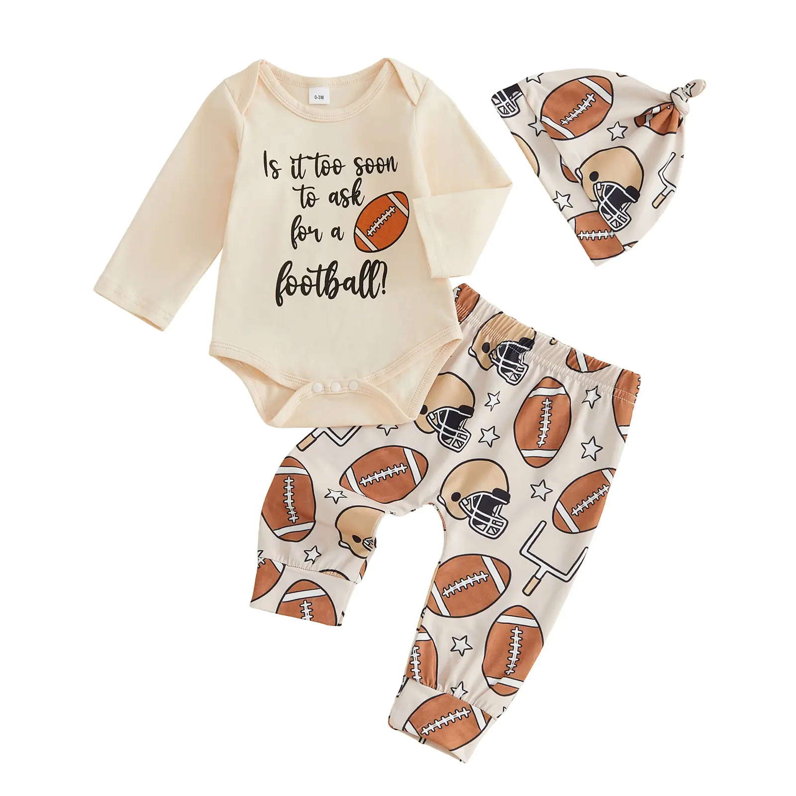 Infant Baby Boys Fall 3 Pcs Outfit Long Sleeve Letter Print Romper Rugby Print Pants Hat Sets 0-18 Months