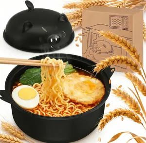 Microwavable Large 45oz Cute Pig Ramen Bowl Set Wheat Straw Material Noodle Cooker with Strainer Lid Handle Spoon Chopsticks Fork Easy Clean Durable Non Slip for Home Dorm College Office