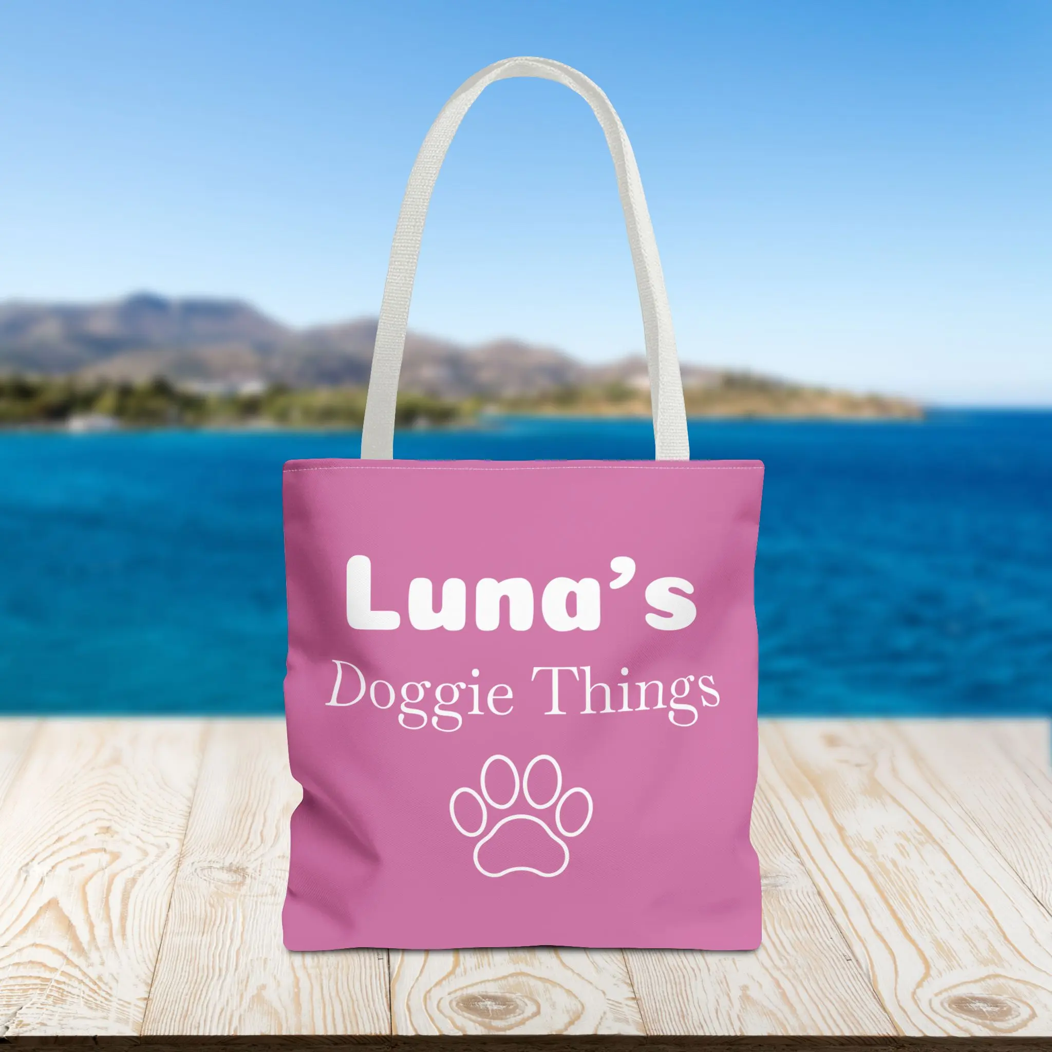 Customizable Dog Name Doggie Things Paw Print Canvas Light Pink Tote Bag, Personalized Dog Mom Travel Tote,  Aesthetic Gift for Dog Lovers by VAWT Merch