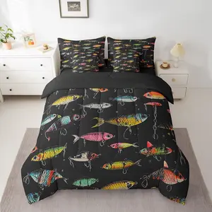 Feelyou 7-Piece Decorative Bedding Set - Microfiber Fishing Bait Themed, Breathable Country Black Bed-in-a-Bag with Comforter, Sheets, Pillowcases, Cushion Covers for Fishing Enthusiasts (Multi-Size)