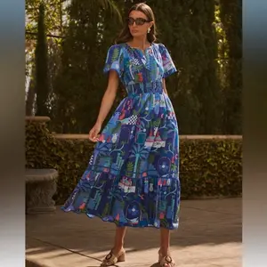 SugarLips Punta Alta Ordy Smocked Midi Dress Cobalt Combo Summer Floral Shortsleeve