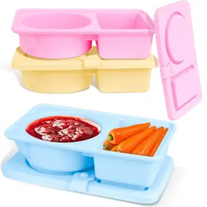 3 Pack Silicone Reusable Snack Containers with Lids, Double Compartment Snackle Box, Salad Dressing Sauce Seasoning Container, Small Mini Food Snack Boxs for Travel, Office, Picnic