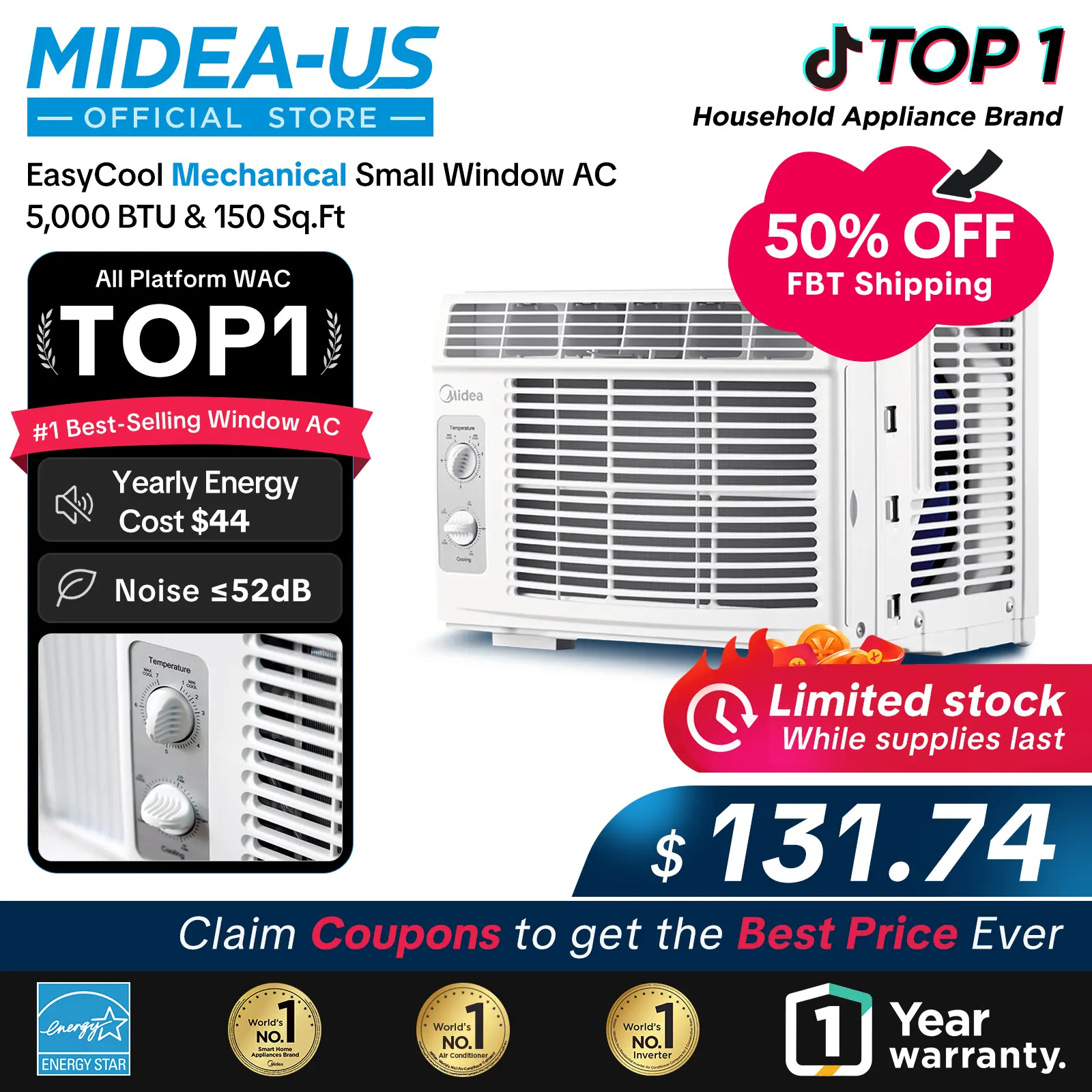 Midea 5,000 BTU EasyCool Mechanical Small Window Air Conditioner - Cool up to 150 Sq. Ft. AC with Easy-to-Use Mechanical Controls and Reusable Filter, Perfect for Small Bedroom, Living Room, Home Office