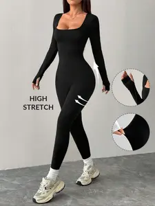 Women's Solid Color Slim Fit Unique Design Long Sleeve Jumpsuit, Skinny Jumpsuit, Athletic Romper, Sporty Comfy Jumpsuit, Workout Jumpsuit, Comfortable Stretchy Fabric for Casual or Active Wear, Versatile for Any Occasion