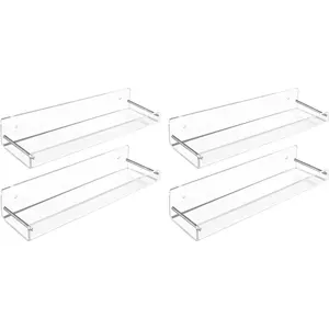 4 Pack Acrylic Floating Shelves, 15" L x 4" W, Clear Bathroom Wall Shelf, Bookshelves, Invisible Display for Office, Bedroom, Small Gap Allows Water to Escape, Free Screws & Drill Bit (Medium)