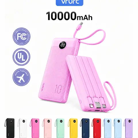 VRURC 5000-10000mAh Lightweight Mobile Power Bank with 4 Built-in Cables, 4 Outputs, LED Display, USB-C/Micro Recharge, Fast Charging, Smart Chip Protection, 3-in-1 Charger Functionality, Multi-Device Compatibility, EDC Gear for Everyday Carry - Purple