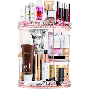 360 Rotating Makeup Organizer - Spinning Acrylic cosmetics organizer, Adjustable Shelves for Make Up, Perfume & Toiletries for Vanity, Bathroom, Bedroom, Closet [Pink]