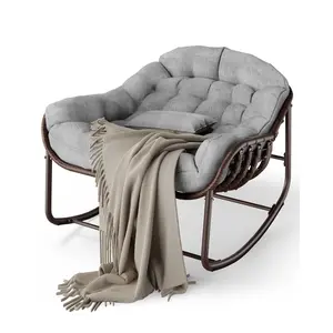 Oversized Outdoor Papasan Rocking Chair – Wicker Lounge with Cushion & Metal Frame, Patio Rattan Egg Rocker for Balcony, Backyard, Porch & Bedroom
