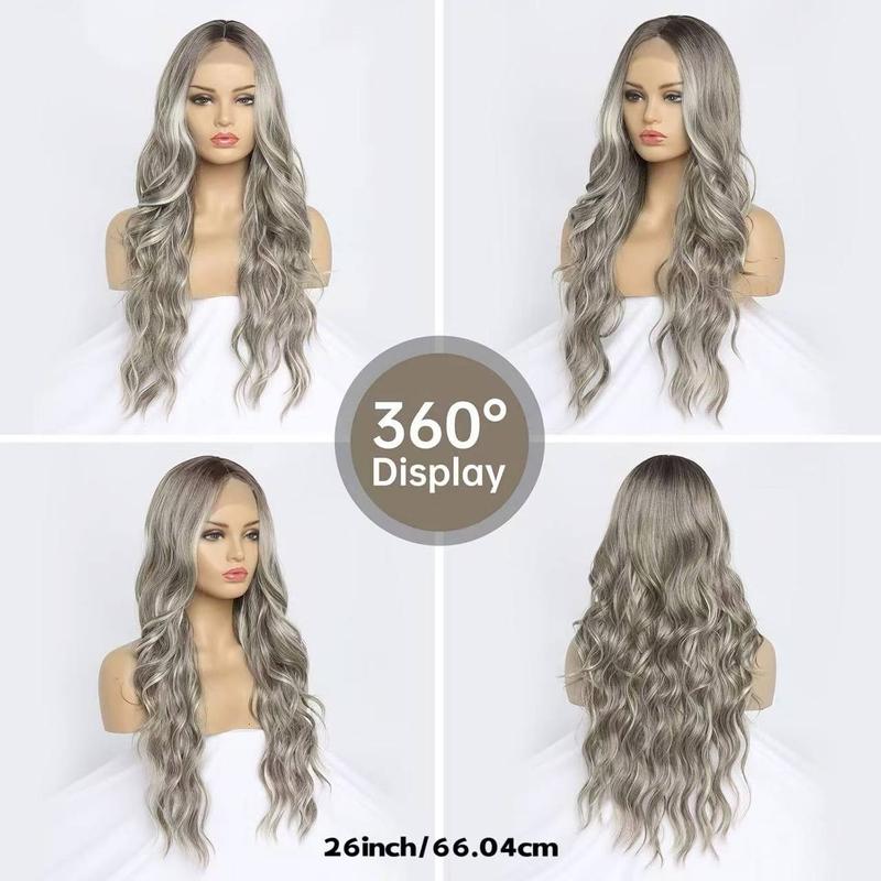 Long wave Ombre Grey Curly Hair Wigs for Women with Dark Roots, 13x4 Lace Front Wig Heat Resistant Synthetic Fiber, Glueless Snythetic Hair Wigs Middle Part Wig for Cosplay, Costume Parties, Daily Fashion(30 Inch)