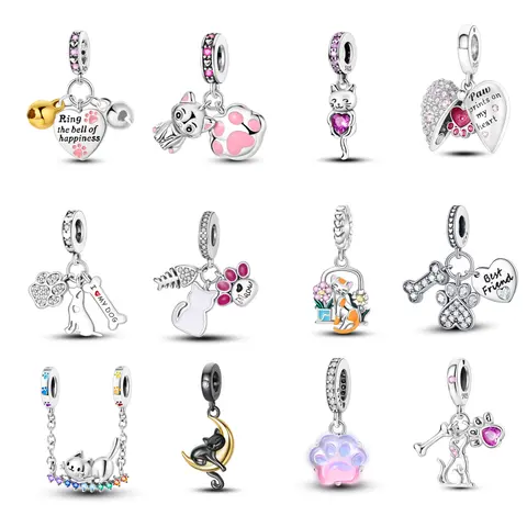 MULA Cat Dog Cute Pet Bracelet Pendant - 925 Silver-plated Pet Pendant, Cat and Dog Bracelet Jewelry for Women, Zircon Inlaid Silver Cute Pet Beads, Perfect Gift for Pet Lovers, Fits All Pandora Bracelets and Necklaces