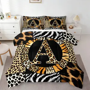 2/3Pcs Leopard Letter A-Z Comforter Set, Wild Animal Skin Quilt Bedding Set with Pillowcases, Monogram Soft Lightweight Bedding Set for Adults Bedroom Guest Room, Aesthetic Boho Home Decor
