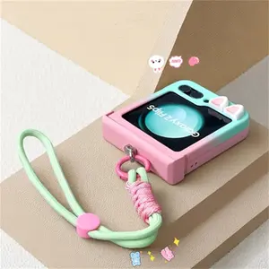 Korean Cute Rabbit Ears Gradient Color Phone Case For Samsung Galaxy Z Flip7 Flip5 Flip4/3 Flip6 5G Anti-lost Hand Strap Cover