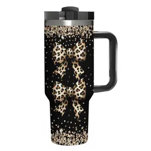 Leopard Print Bows & Glitter 40oz Insulated Tumbler Travel Mug with Handle Glamorous Sweet-Edgy Design 40oz Mega Capacity Double-Walled Vacuum Insulation Car-Friendly Leak-Proof Premium Food-Grade Materials