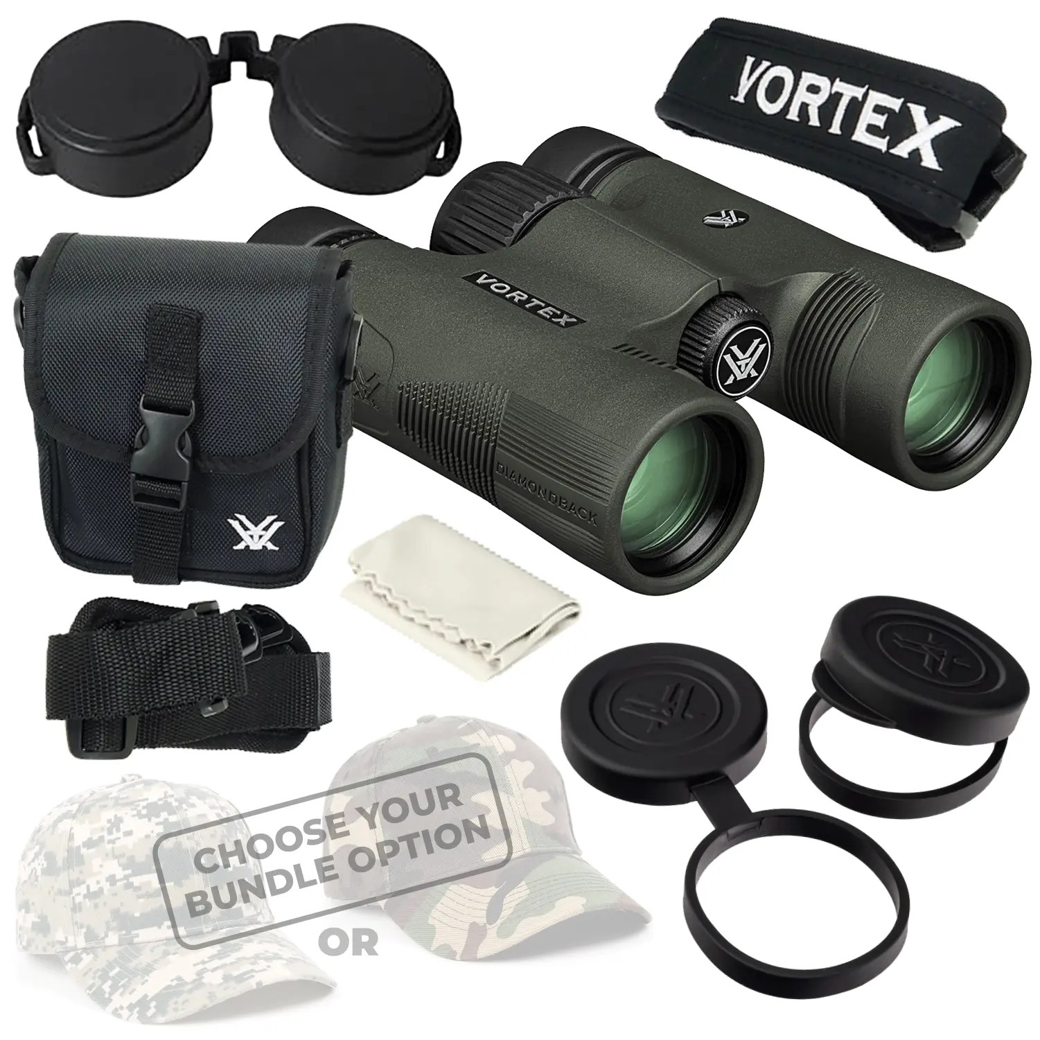 Vortex Diamondback HD 10x28 Compact Roof Prism Binocular with Rubber Armor, Shockproof HD Optics and ArmorTec Lens for Outdoor Sports, Unisex, Adjustable Interpupillar, Scratch-Proof, +Free Hat (Camo Forest), Anti-Slip Surface, Sporty Camo Hats