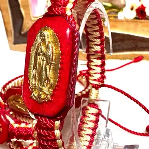 Virgen de Guadalupe Red and Gold handmade Bracelet! Pulsera de tejido doble hecho a mano.