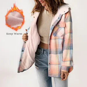 Asvivid Women‘s Casual Hoodie Jacket Plaid Pattern Sherpa Lined Button Down Loose Hooded Shackets Coats
