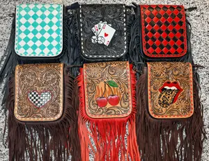 Genuine hand tooled & painted leather fringe crossbody bag collection