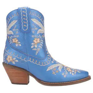Dingo Womens Primrose Floral Embroidered Metallic Snip Toe Pull On  Casual Boots Ankle Mid Heel 2-3" - Blue