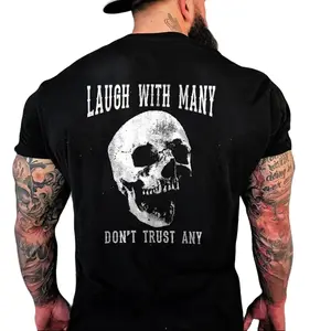 Laugh With Many Don't Trust Any Skull Print Men's T-Shirt, Top Menswear  Tee Shirt, Unisex Fashion, Soft Fabric, ShortSleeve, Regular Fit, Casual Streetwear