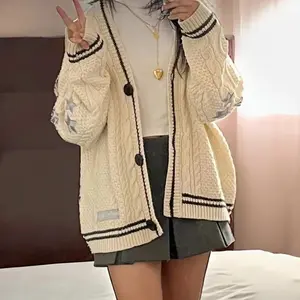 Y2k Folklore Cardigan with Star Embroidery Button Up Oversized Knit Jacket Cardigan Sweater Women Teenage Girls TS Concert Outfit
