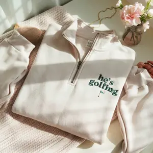 Embroidered He's Golfing Quarter Zip Sweatshirt, Golf Season Shirt