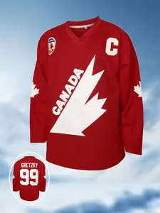 Men's Embroidered Hockey Jersey, 99 Red Loose-Fit Long Sleeve V Neck Training Tee,Athletic Training Apparel, Sporty Style for All Seasons