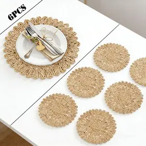 6-Pack Brown Woven Round Corn Husk Placemats - Boho Rattan Style Durable Heat-Resistant Table Mats, Natural Braided Dining Decor for Spring Wedding Party Farmhouse Table Setting wood coaster