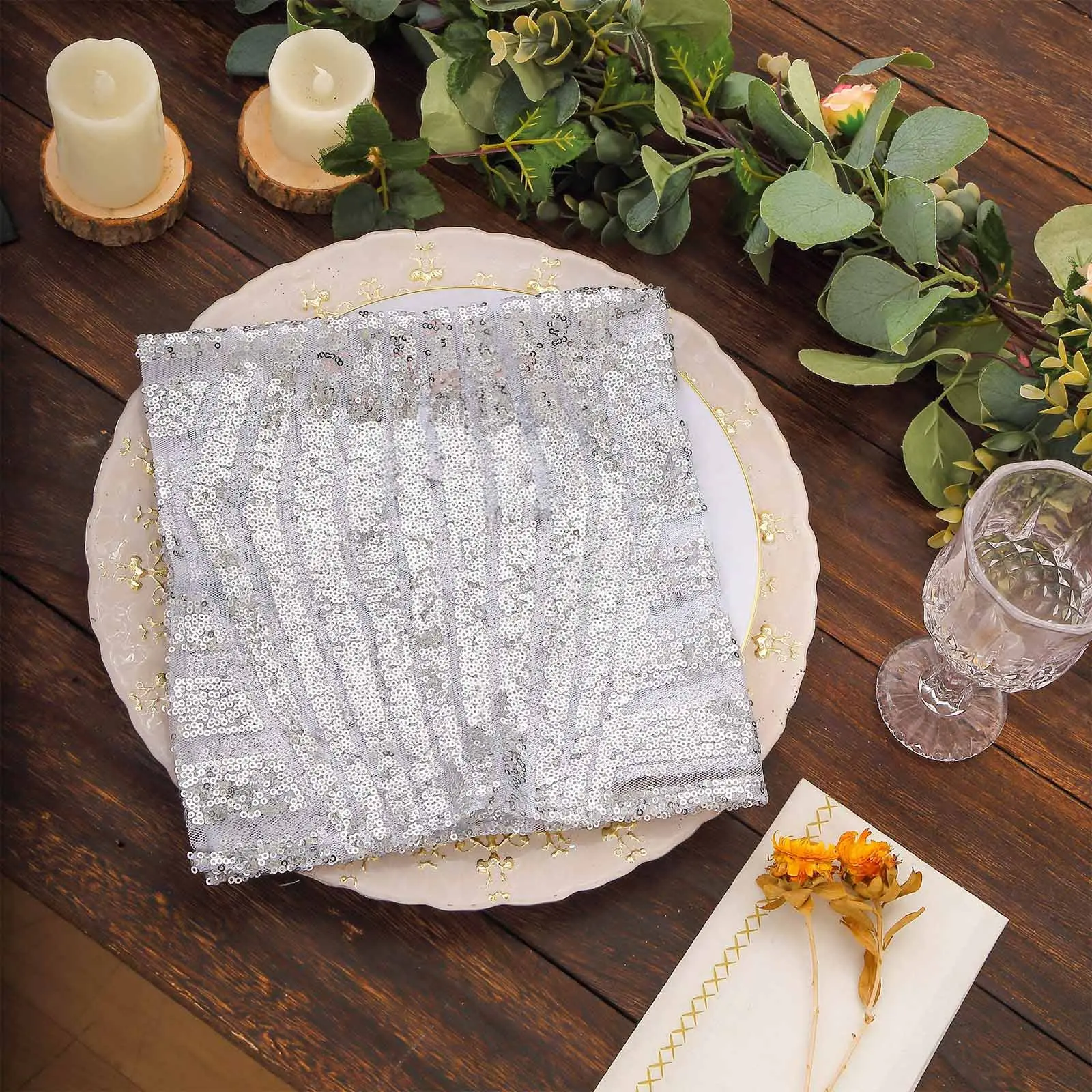 Silver Sequin Tableware Napkins, 20"x20" Diamond Pattern Reusable Napkins