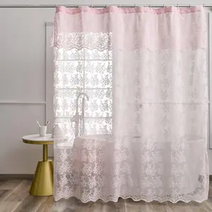Vintage Pink Floral Lace Shower Curtain with Attached Valance, Scalloped Edge Farmhouse Shabby Chic Bath Curtain for Bathroom, 72 x 72 Inch, 1 Panel