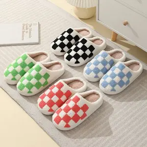 House Slippers for Women & Men - Fuzzy Round Toe Memory Foam & Faux Fur Lining Cozy Plush Warm Checkered Design Indoor Outdoor Shoes - Girl