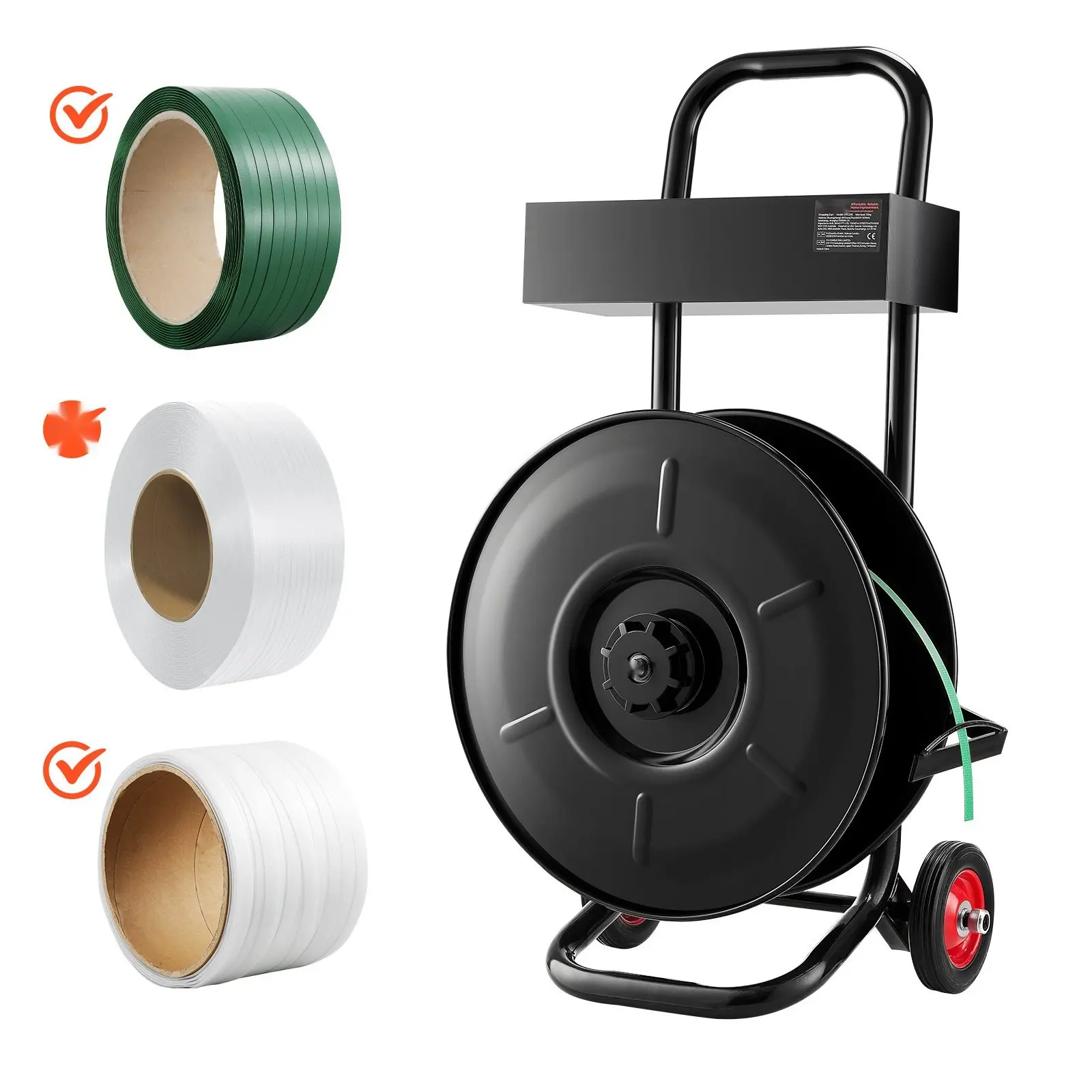 Banding Strapping Cart, Fit For PET / PP / Polyester Strapping Coils With 8 Inches Core Size, Heavy Duty Strapping Dispenser Equipped With Upgrade Brake System, Built-In Spacious Tray For Tools