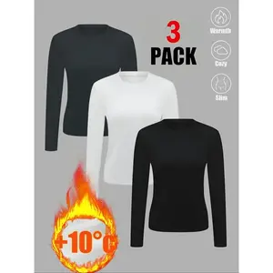Women's Sporty Warm Underwear Set, Casual Basic Fitted Long Sleeve Round Neck Tops, Comfortable All-Season Base Layer Tees(Sheet)