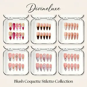 Divineluxe Nails｜10PCS 100% Handmade 1.3inch Press-On Nails｜Reusable Colorful Art Acrylic Stylish｜Blush Coquette Stiletto Acrylic Press On Nail Collection