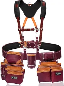 FUERI 19 Pocket Leather Tool Belt with Suspenders,Comes with Padded Belt, Big Pouches, Hammer Holder,Suspender loops and Leather Suspender, Ideal for Construction Workers, Carpenters and Electrician.