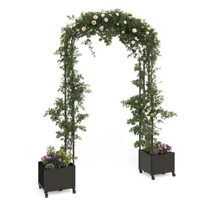 Metal Garden Arch Trellis with Raised Planter Boxes & Wheels – Rust-Free Outdoor Arbor – Heavy Duty Lattice Pergola for Climbing Plants – Ideal for Wedding, Garden & Event Decoration