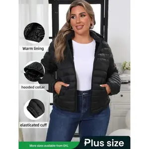 Women's Plus Size Winter Puffer Jacket, Hooded Long Sleeve Woven Fabric, Casual Fitted Plain Design, Daily Commute Outerwear Coats