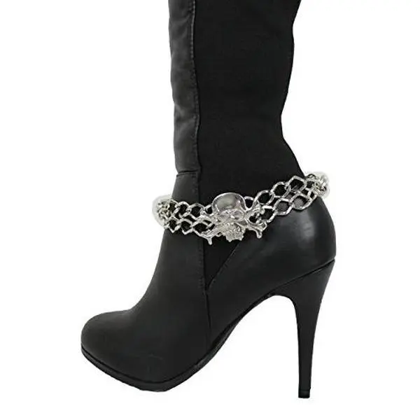 Trendy Fashion Jewelry TFJ Women Boot Bracelet Western Silver Metal Chain Shoe Bling Skeleton Pirate Skull Charm