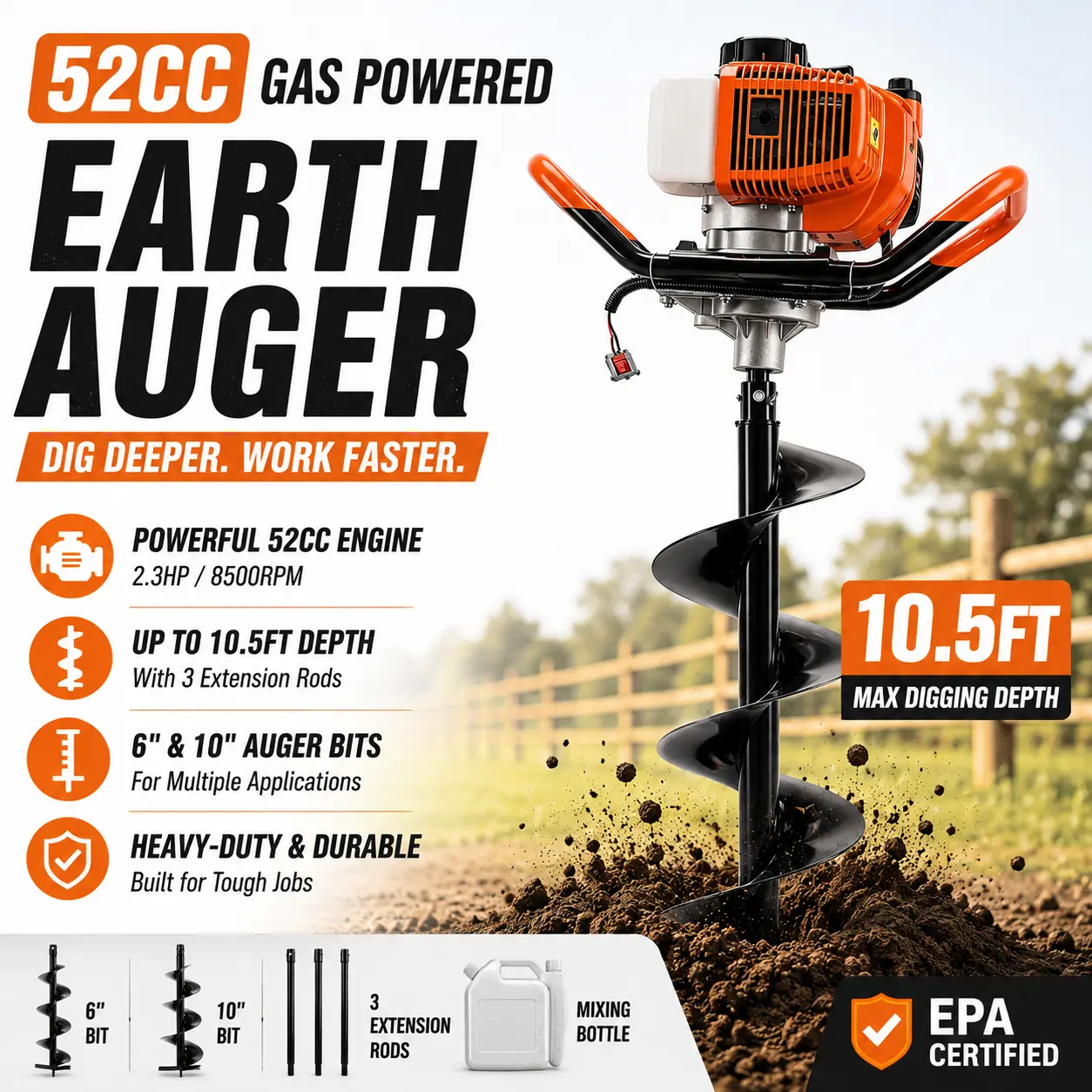 52cc Gas Powered Earth Auger Kit | Post Hole Digger with 6" & 10" Bits for Fence & Garden