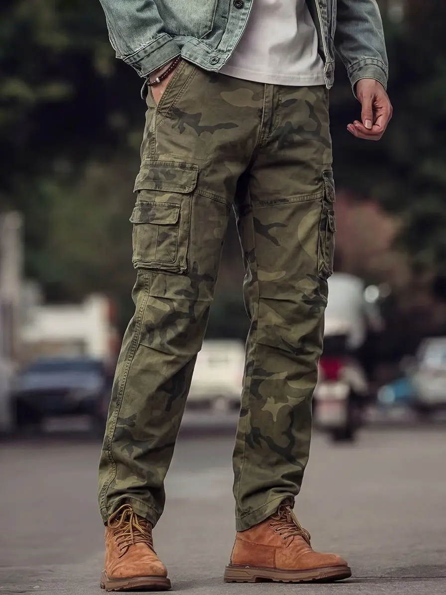 2-pack water-washable army green camouflage wear-resistant cargo pants, featuring a drawstring hem for two ways to wear—straight leg or jogger fit, suitable for hunting, camping, outdoor work, and retro street styling.