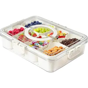 Plastic Divided Serving Tray with Lid and Handle Snack Box Charcuterie Container Portable Snack Platters Organizer for Candy, Fruits, Snacks, Nuts, for Party, Entertaining White 8 compartments
