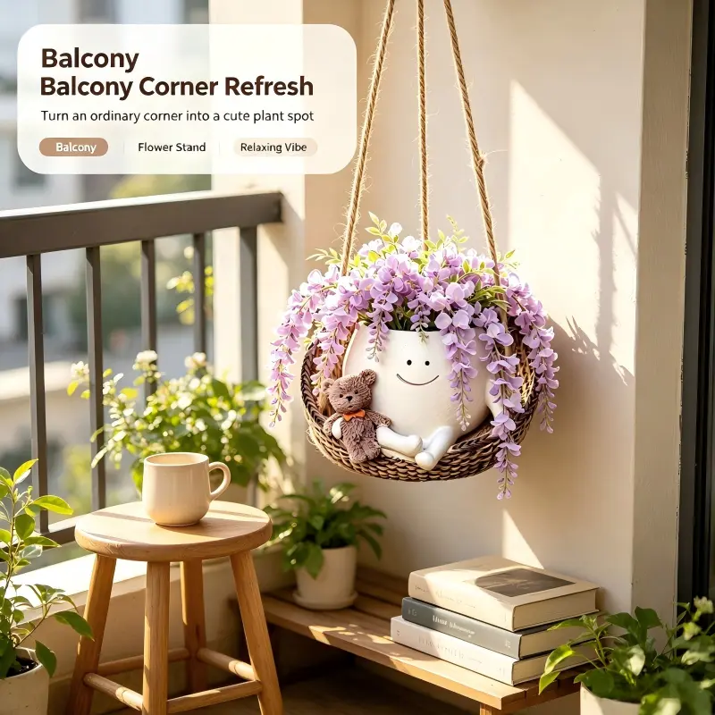 Resin Hanging Smiley Bear Planter with Rattan Chair - Succulent Pot with Drainage Hole, Indoor-Outdoor Patio Decor, Summer Gift for Plant Moms lover homedecor